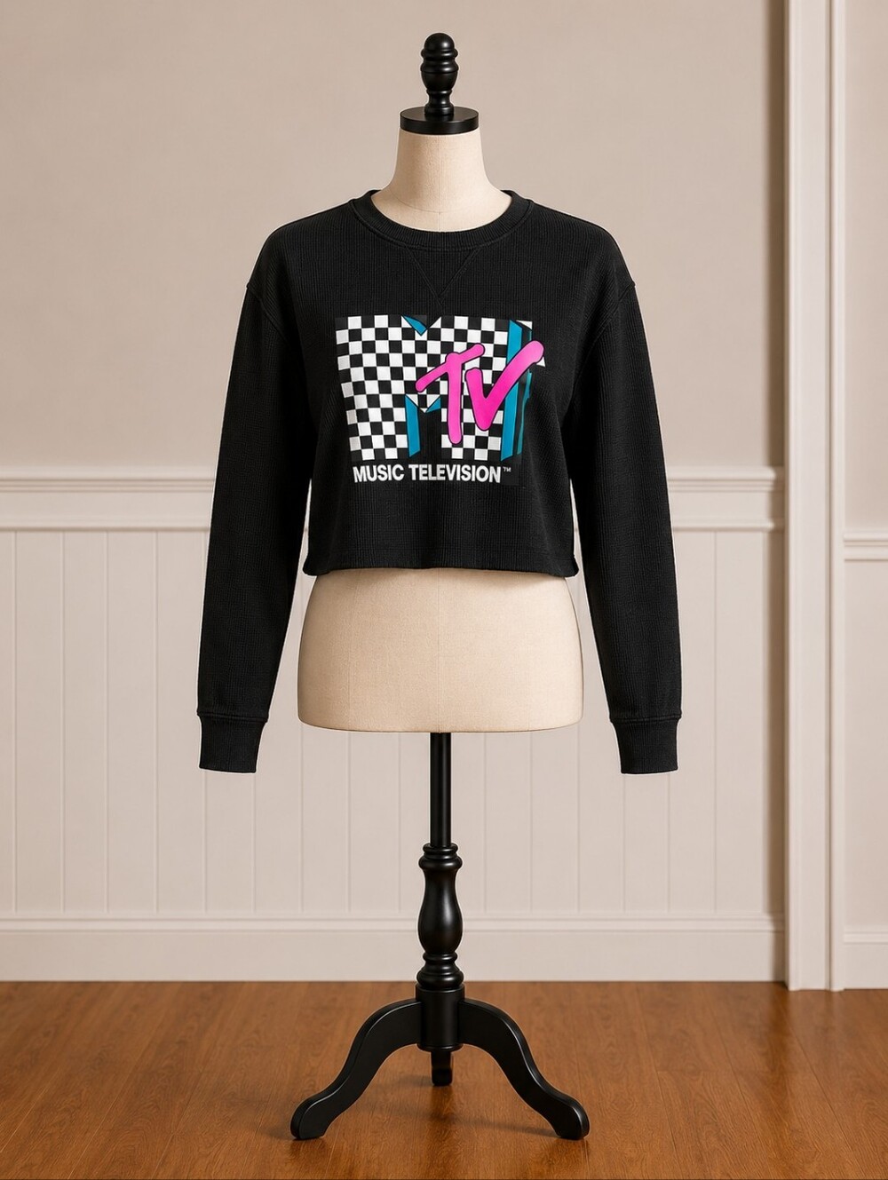 MTV Checkerboard Logo Dark Gray Waffleknit Top